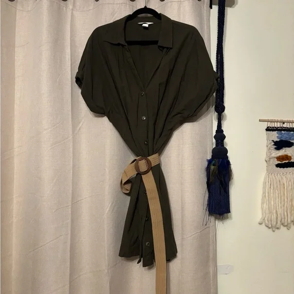 Olive Green Button-Up Dress with Tan Belt - Picture 1 of 2